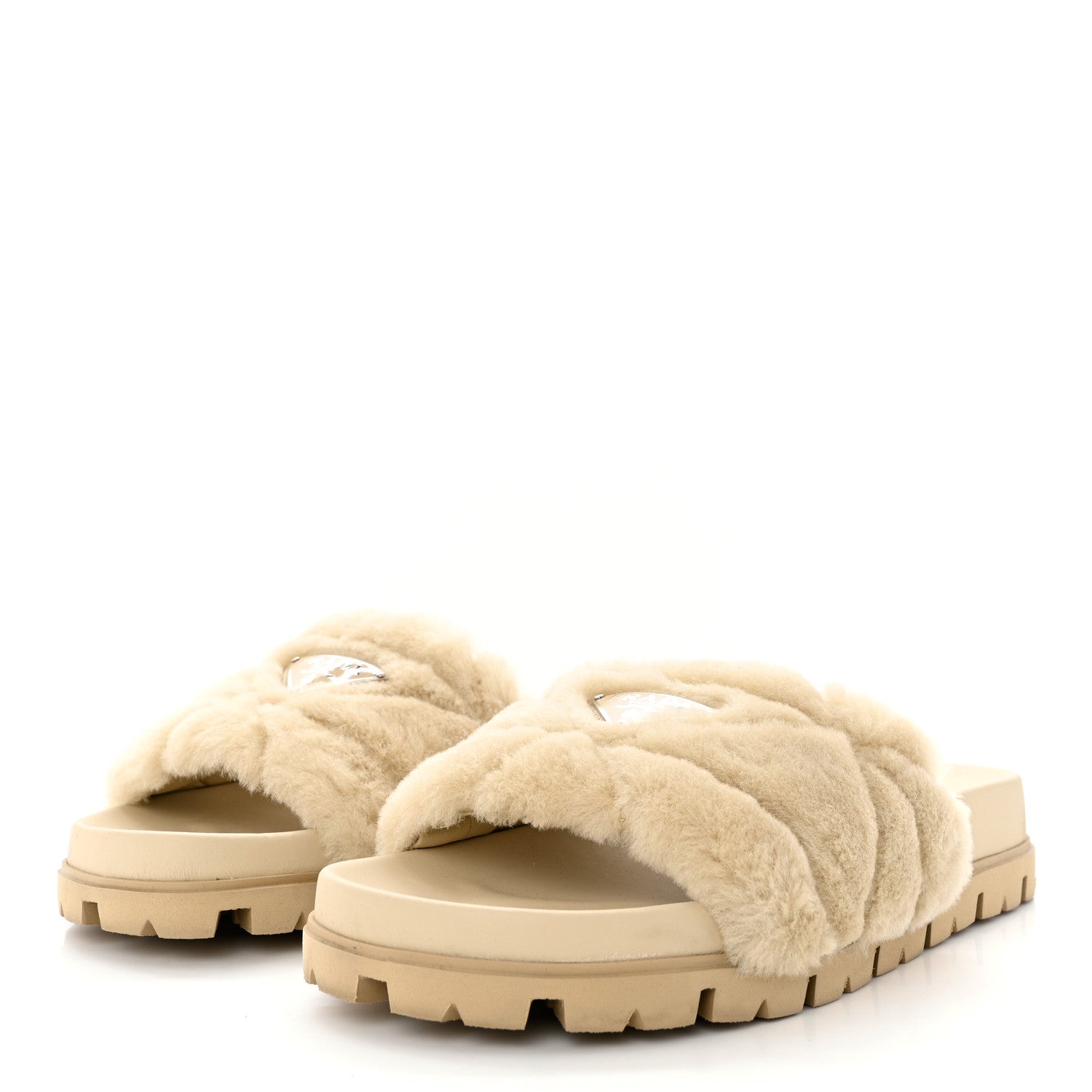 Prada Shearling Metal Triangle Logo Lug Sole 20mm Slide Sandals 39.5 Ecru 3 of 9