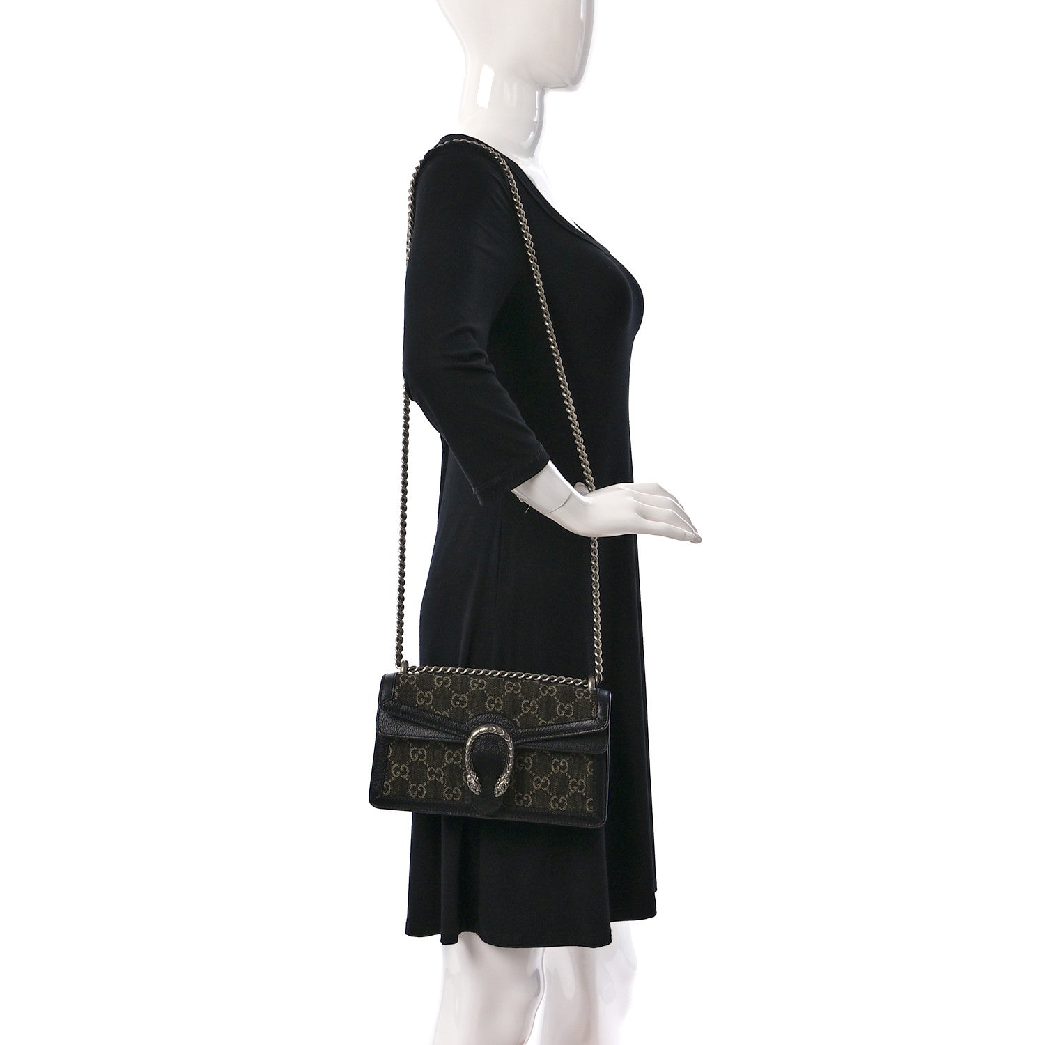 Gucci Jacquard Black Denim GG Monogram Textured Dollar Calfskin Small Dionysus Shoulder Bag Black Ivory 2 of 13