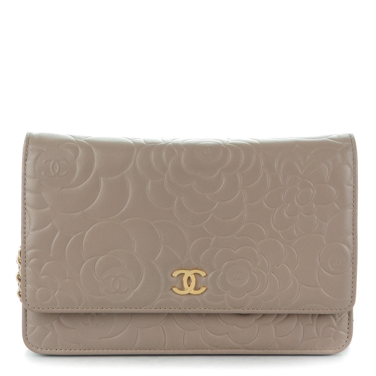 Chanel Lambskin Camellia Embossed Wallet on Chain WOC Beige 1 of 8