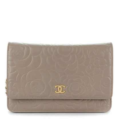 Chanel Lambskin Camellia Embossed Wallet on Chain WOC Beige 1 of 8