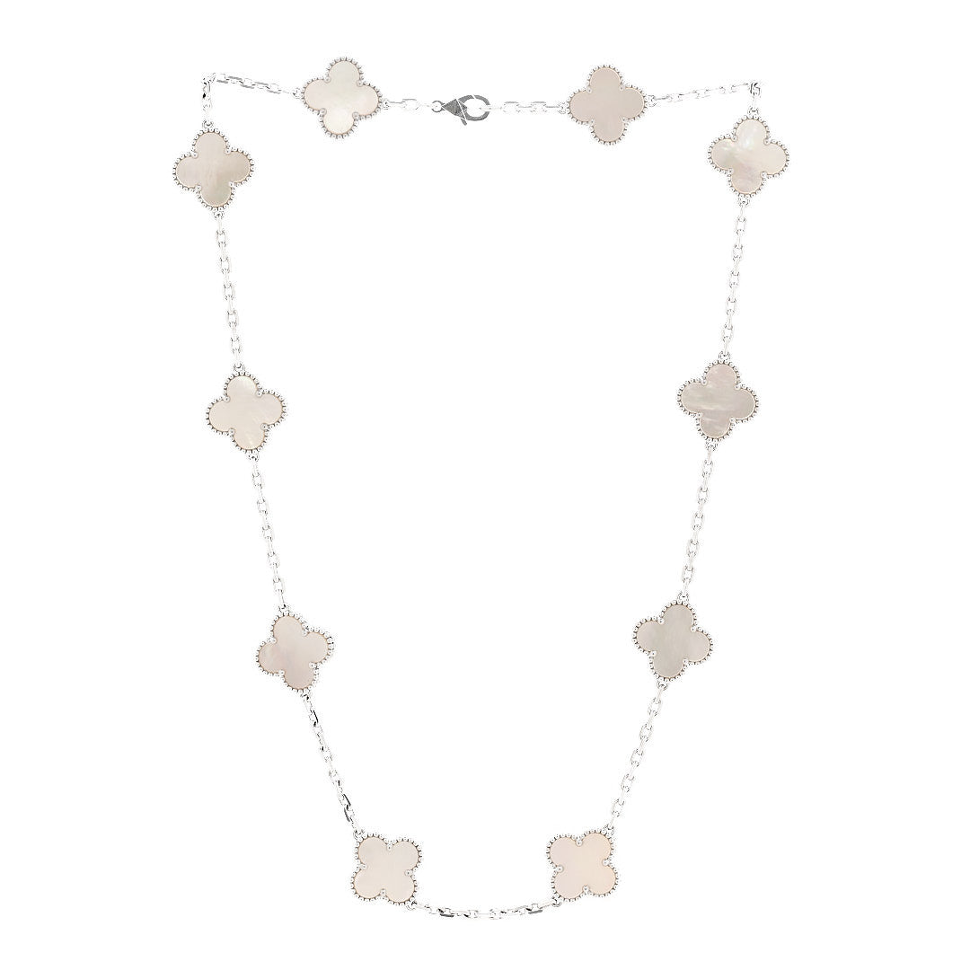 18K White Gold Mother of Pearl 10 Motifs Vintage Alhambra Necklace