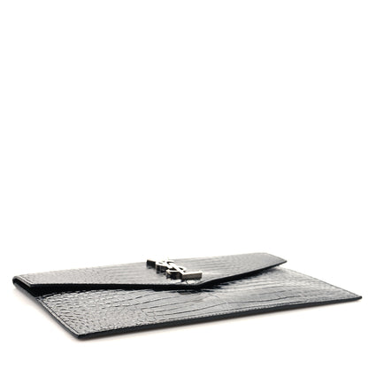 Saint Laurent Calfskin Crocodile Embossed Uptown Monogram Pouch Black 4 of 7