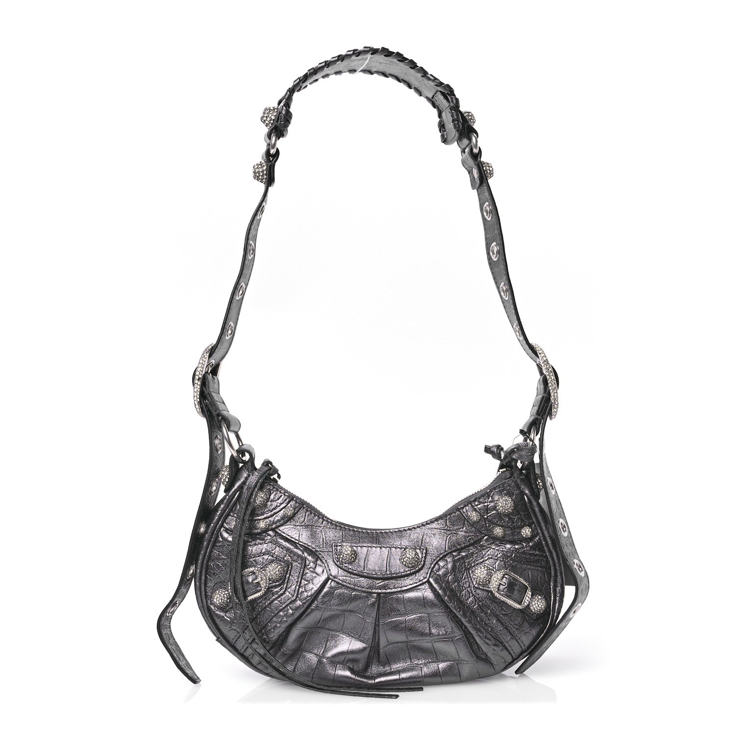 Balenciaga Extra Supple Calfskin Crystal Crocodile Embossed Le Cagole Shoulder Bag XS Gunmetal 1 of 11