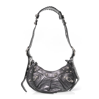 Balenciaga Extra Supple Calfskin Crystal Crocodile Embossed Le Cagole Shoulder Bag XS Gunmetal 1 of 11