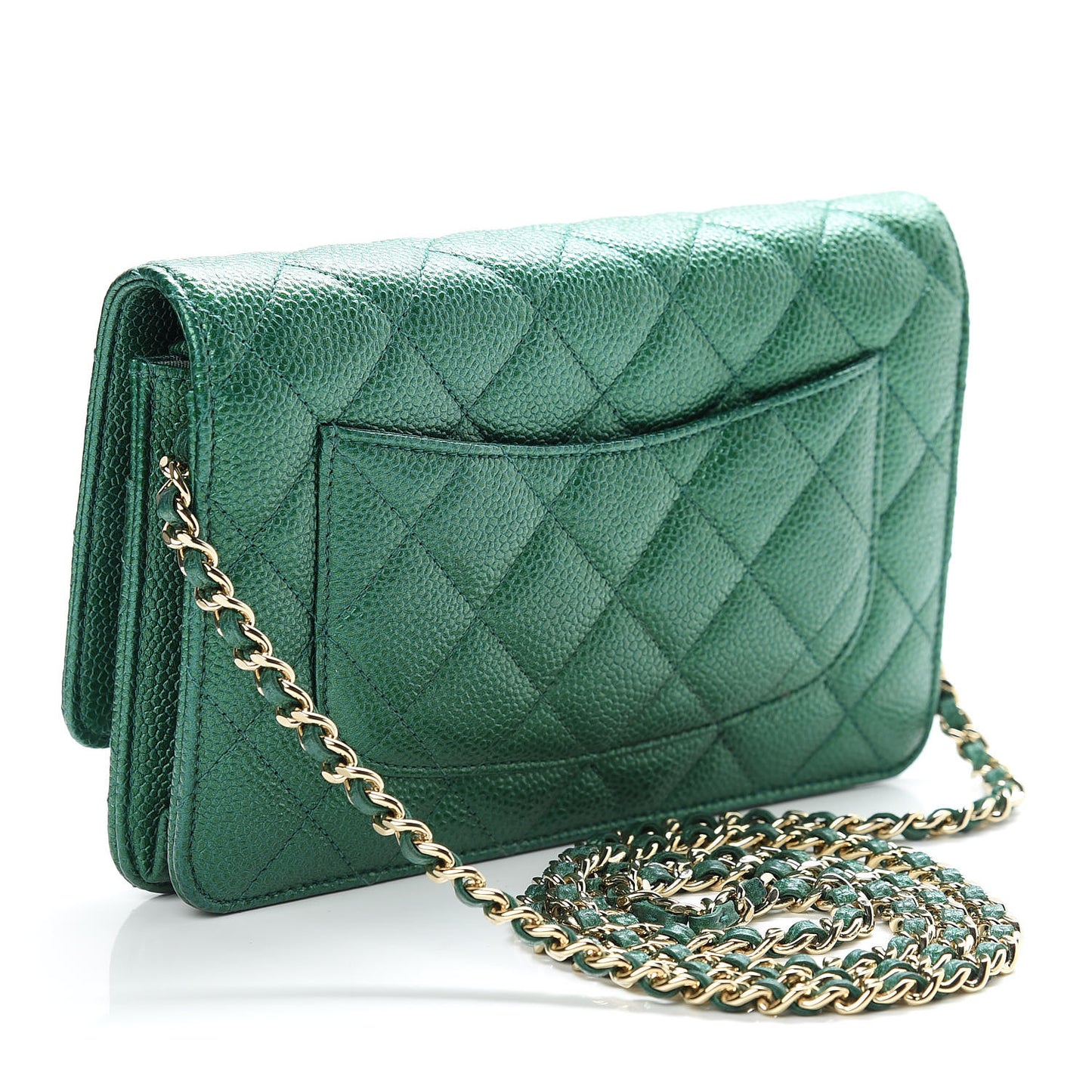 Metallic Caviar Quilted Wallet On Chain WOC Green