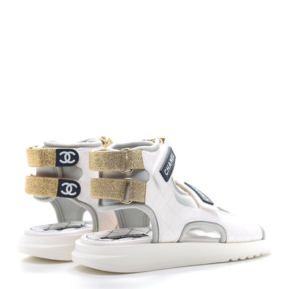Chanel Goatskin Fabric Gladiator Sandals 37 Grey Navy Blue 4 of 9