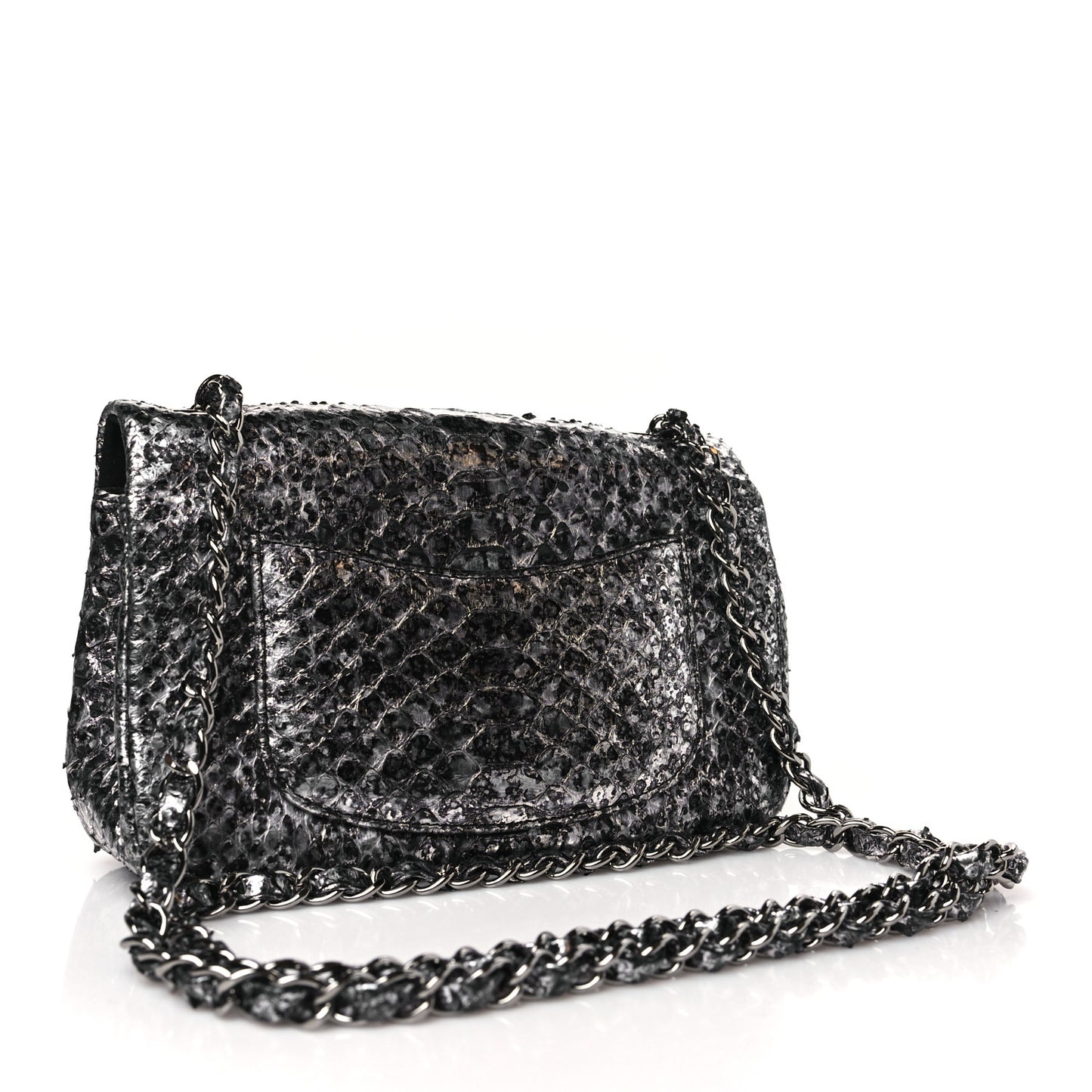 Metallic Snakeskin Mini Rectangular Flap Silver Black