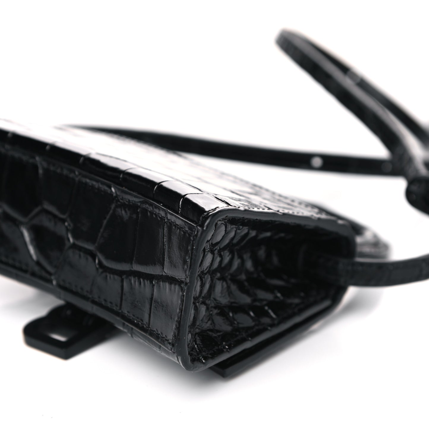 Shiny Calfskin Monochrome Crocodile Embossed Hourglass Top Handle Bag Mini Black
