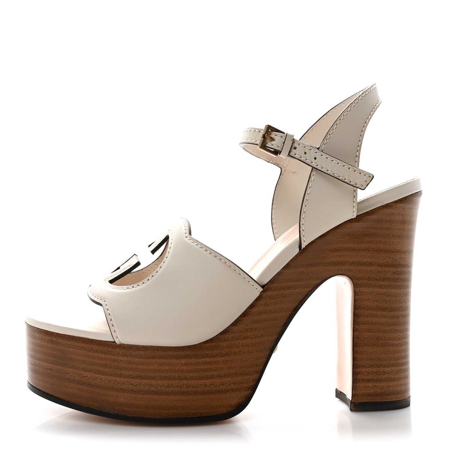Cosmos Softy Calfskin Wooden Interlocking G Cut-Out 30/120mm Platform Sandals 40 Mystic White