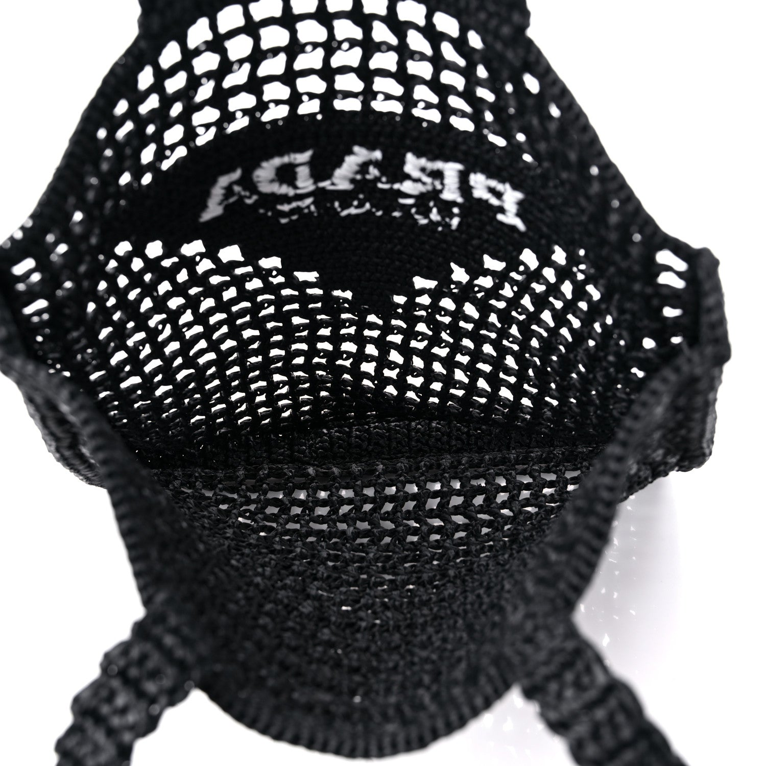 Prada Yarn Raffia Effect Crochet Logo Embroidered Tote Bag Black 5 of 8
