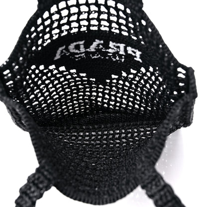 Prada Yarn Raffia Effect Crochet Logo Embroidered Tote Bag Black 5 of 8