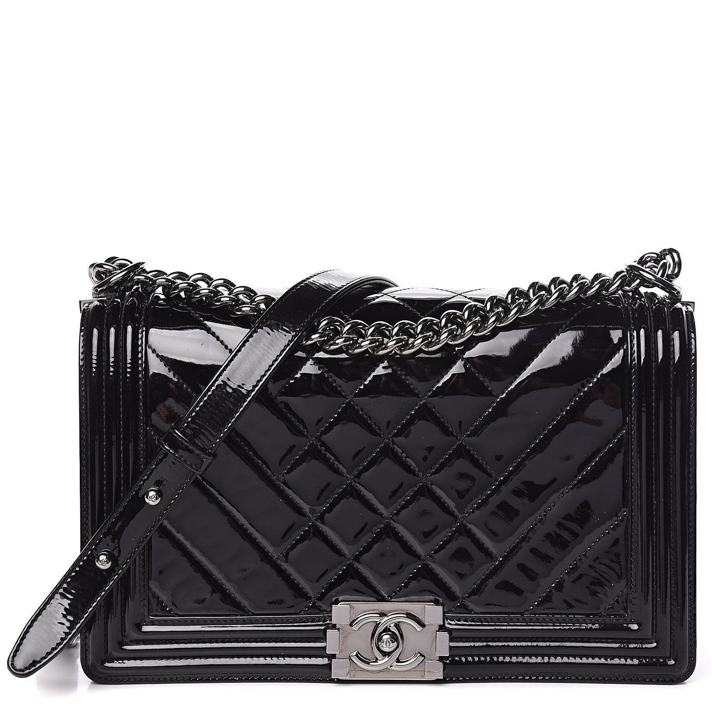 Patent Chevron Quilted New Medium Boy Flap Black