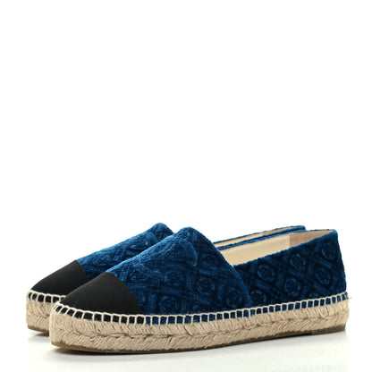 Chanel Velvet Grosgrain Quilted Camellia CC Espadrilles 38 Navy Black 3 of 10