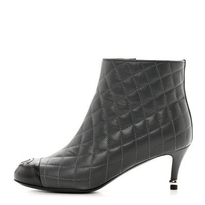 Chanel Lambskin Quilted Patent Cap Toe CC Booties 35 Charcoal Black 1 of 10