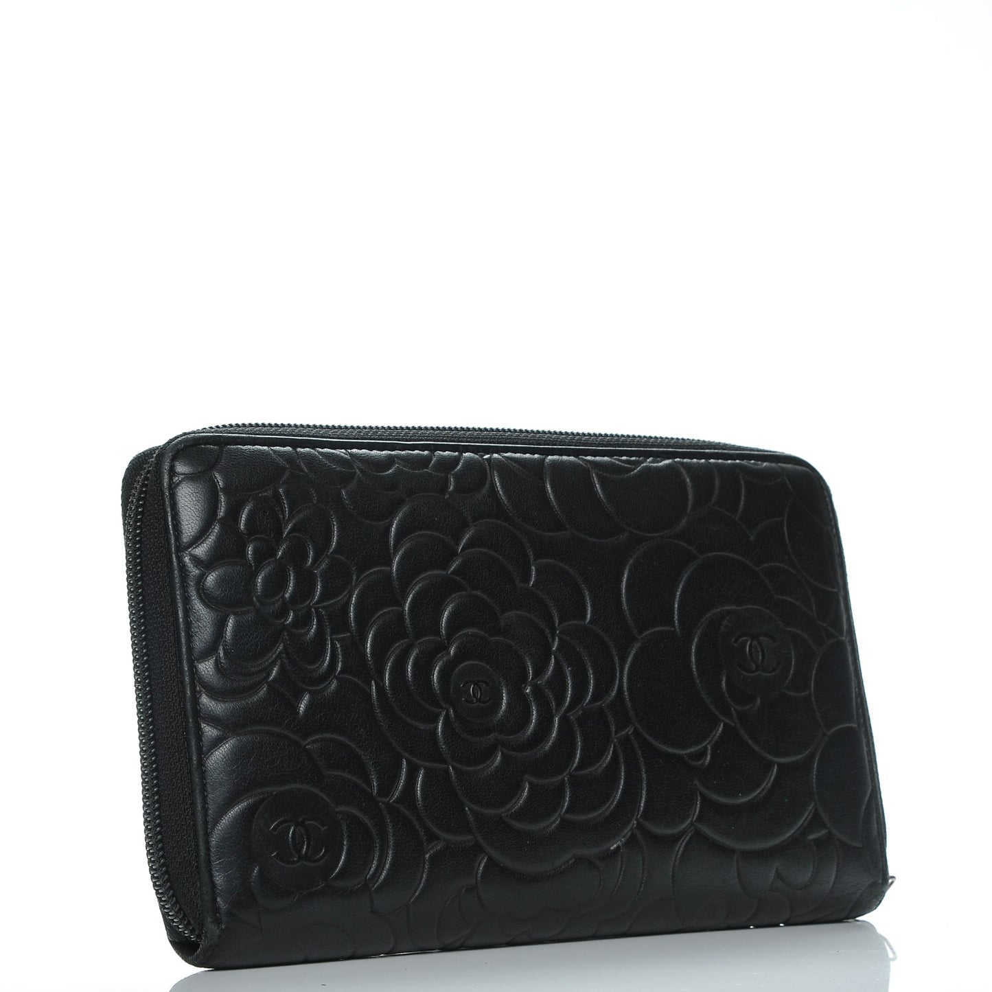 Lambskin Camellia Embossed Zip Around Organizer Wallet Black