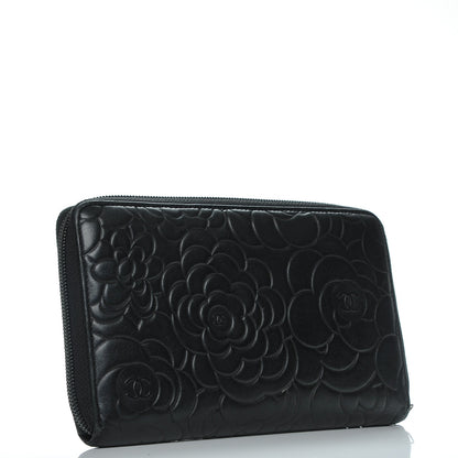 Chanel Lambskin Camellia Embossed Zip Around Organizer Wallet Black 3 of 10