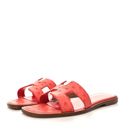 Hermes Ostrich Oran Sandals 37.5 Rouge Corail 3 of 10