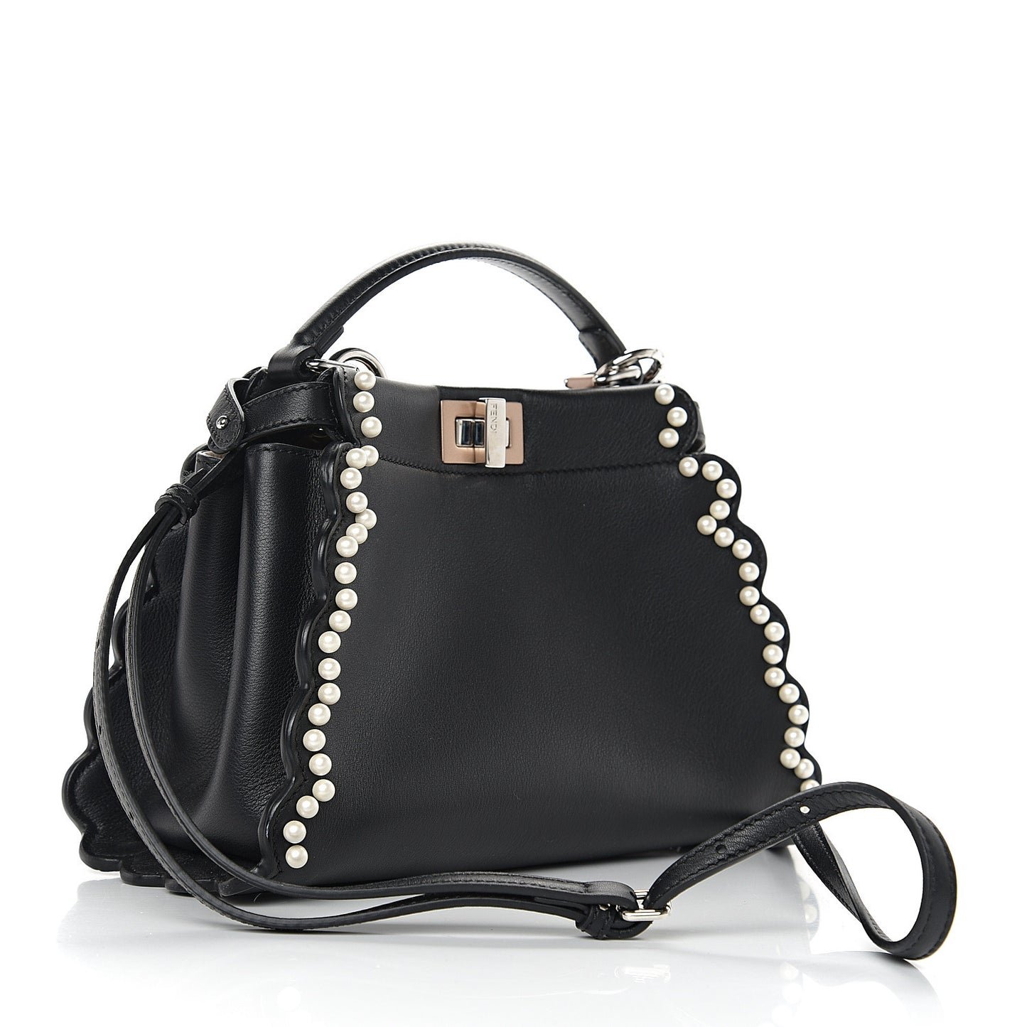 Calfskin Flowers and Bows Scalloped Mini Peekaboo Iconic Satchel Black Camelia