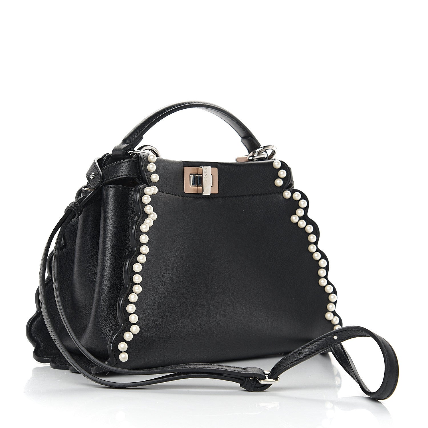 Fendi Calfskin Flowers and Bows Scalloped Mini Peekaboo Iconic Satchel Black Camelia 2 of 8