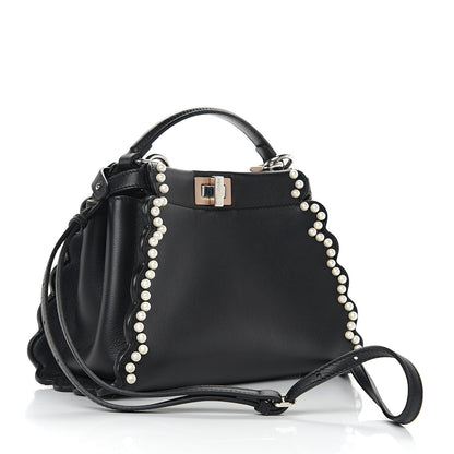 Fendi Calfskin Flowers and Bows Scalloped Mini Peekaboo Iconic Satchel Black Camelia 2 of 8