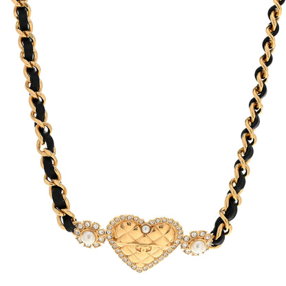 Chanel Metal Lambskin Glass Pearl Strass Heart Choker Gold Black 1 of 7