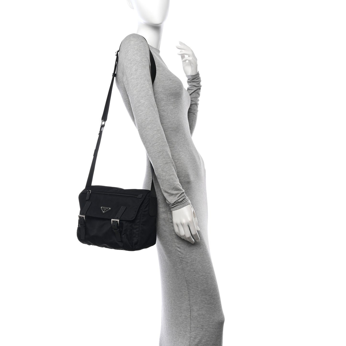 Re-Nylon Vela Saffiano Double Buckle Messenger Shoulder Bag Black