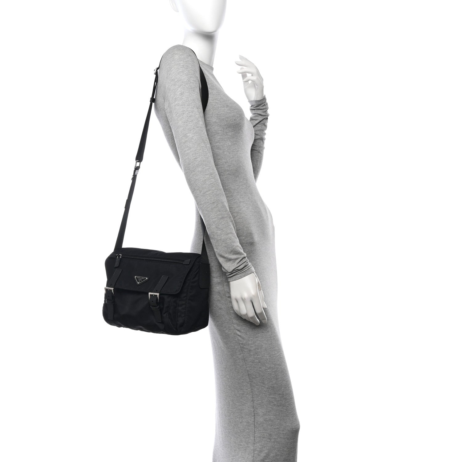 Prada Re-Nylon Vela Saffiano Double Buckle Messenger Shoulder Bag Black 2 of 10