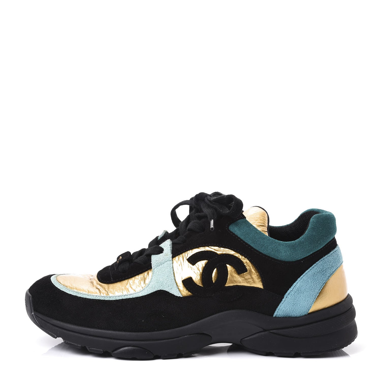 Chanel Fabric Calfskin Suede CC Womens Sneakers 38.5 Black Turquoise Gold 1 of 11