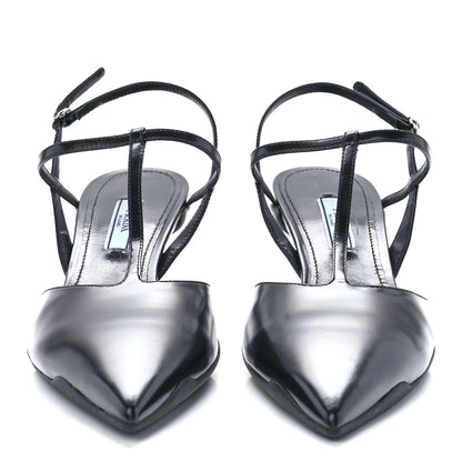 Prada Spazzolato Pointed Toe T-Strap 55mm Slingback Pumps 37.5 Black 2 of 9