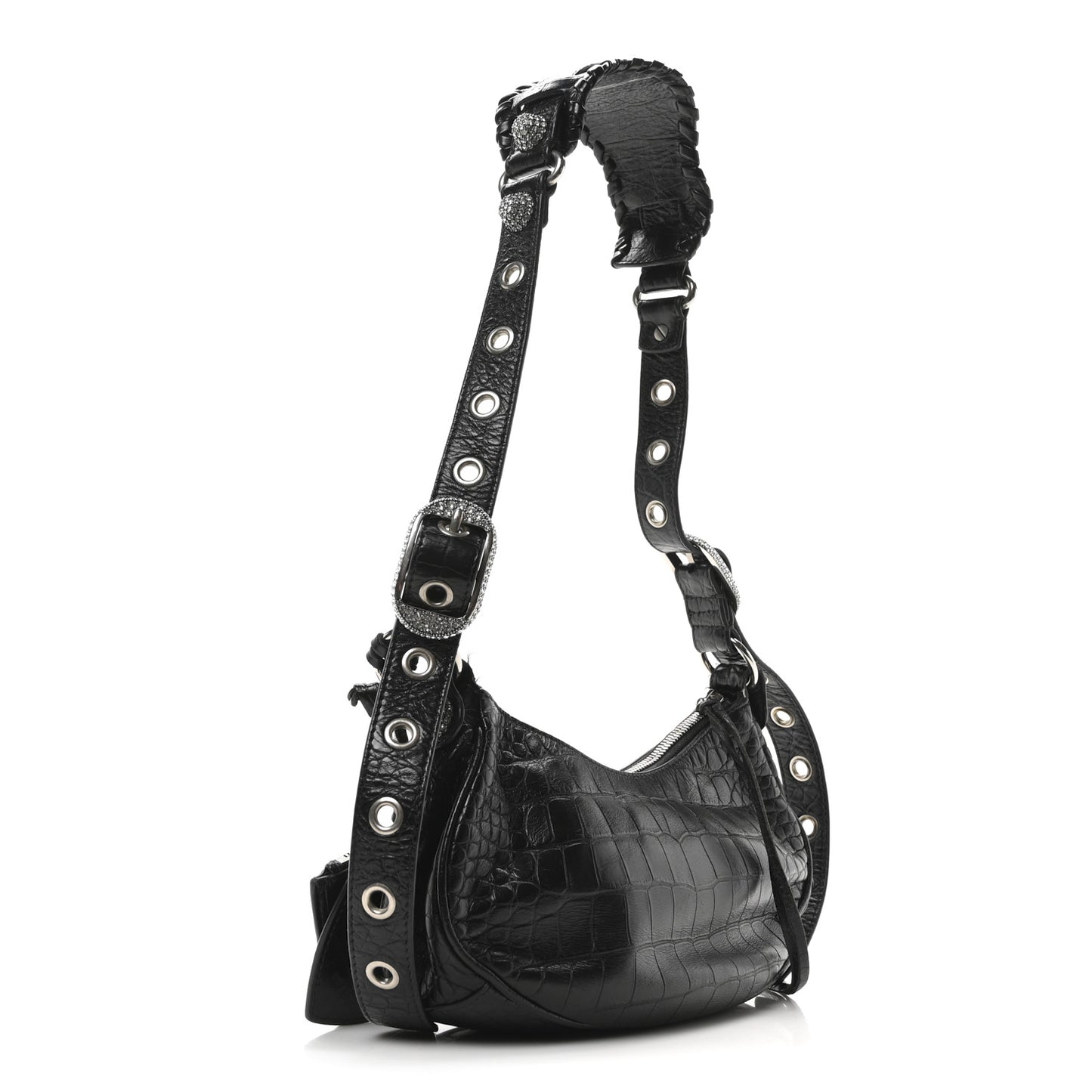 Extra Supple Calfskin Crystal Crocodile Embossed Le Cagole Shoulder Bag XS Black