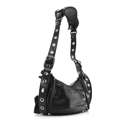 Balenciaga Extra Supple Calfskin Crystal Crocodile Embossed Le Cagole Shoulder Bag XS Black 4 of 11