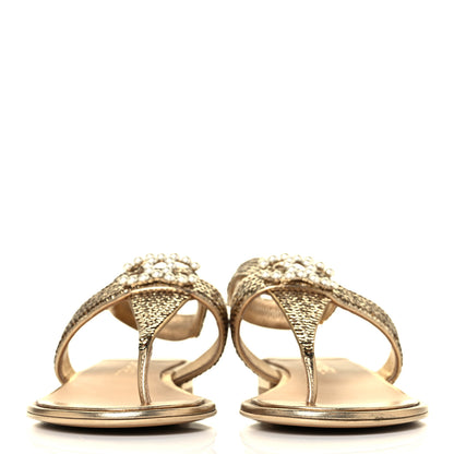 Chanel Sequin Pearl CC Thong Sandals 38.5 Gold 2 of 9