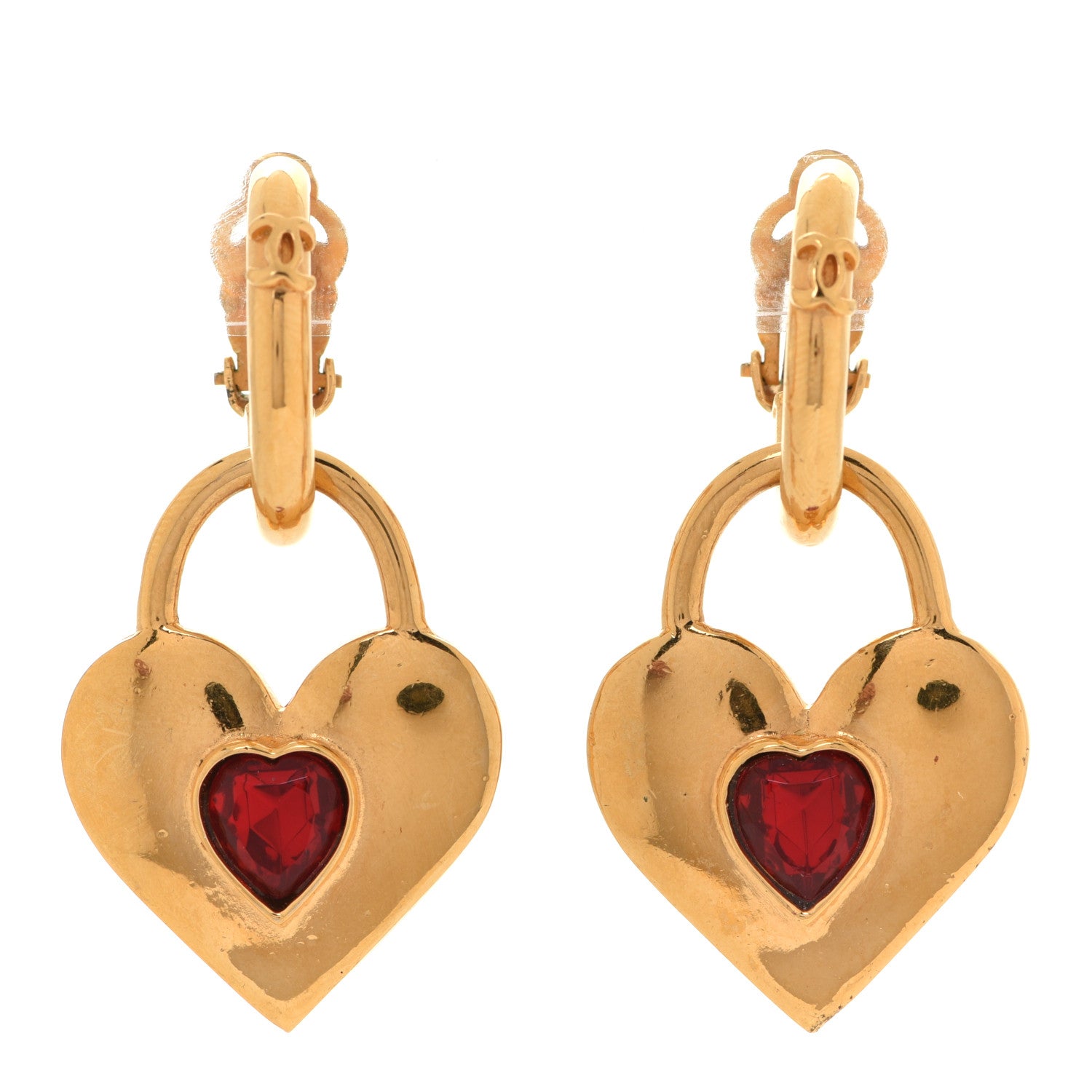Chanel CC Heart Drop Clip On Earrings Red Gold 1 of 4