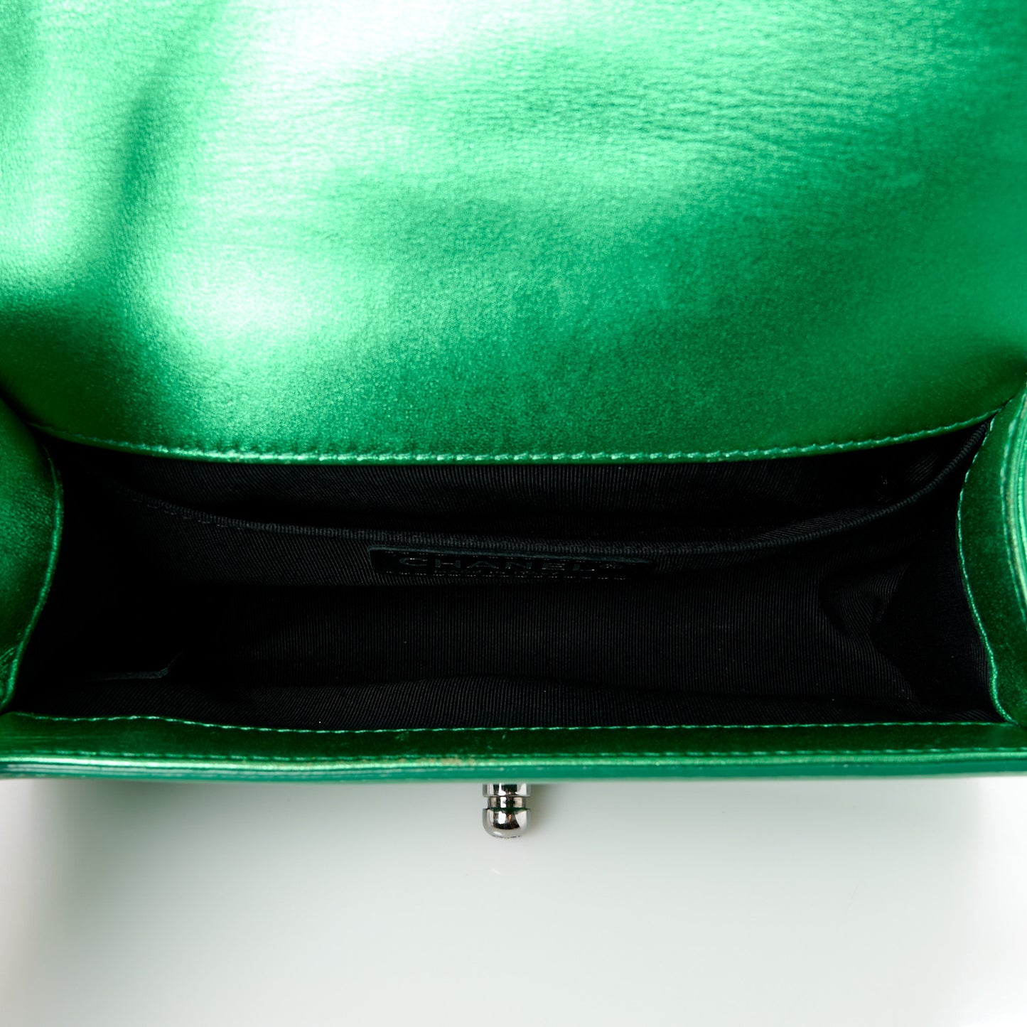 Metallic Patent Calfskin Quilted Small Boy Flap Green