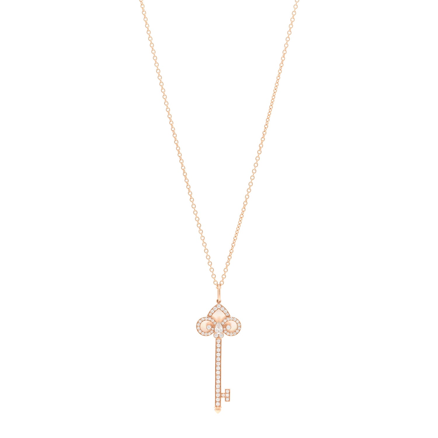 Tiffany 18K Rose Gold Diamond Mother of Pearl Fleur De Lis Key Pendant Necklace 1 of 5