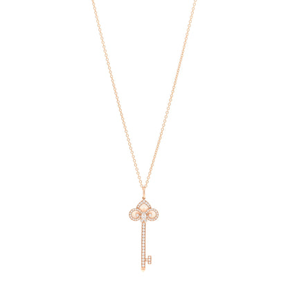 Tiffany 18K Rose Gold Diamond Mother of Pearl Fleur De Lis Key Pendant Necklace 1 of 5
