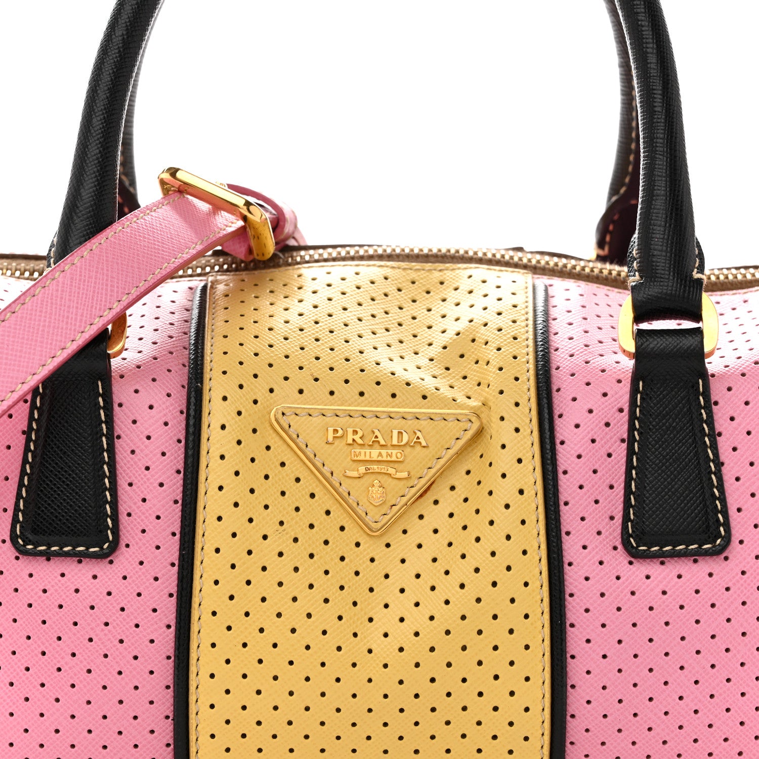 Prada Saffiano Perforated Striped Shoulder Bag Pink Yellow Black 8 of 15