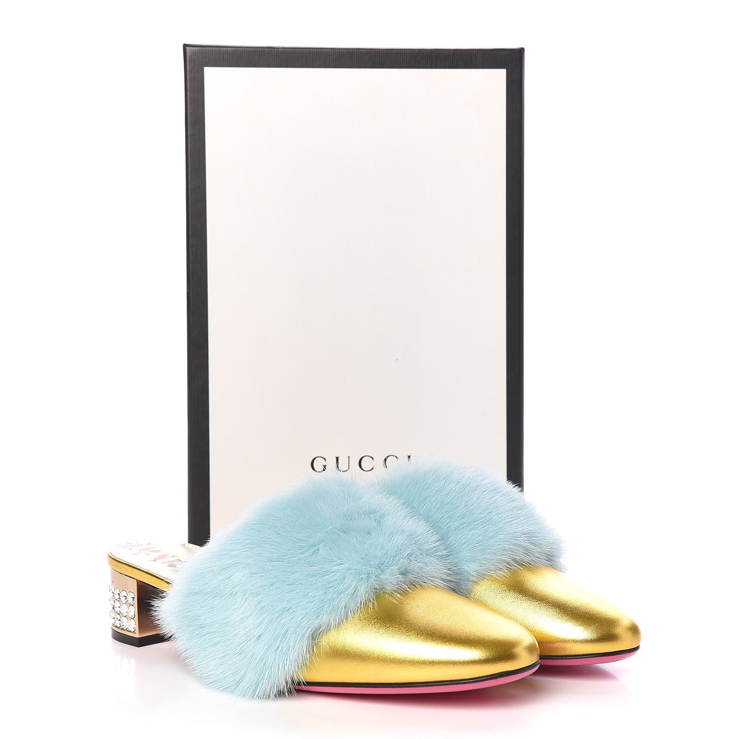 Gucci Mink Nappa Crystal Candy Mules 38.5 Vibrant Turquoise Gold 9 of 9