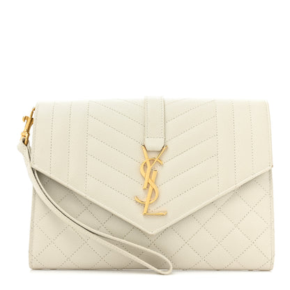 Saint Laurent Grain De Poudre Textured Mixed Matelasse Triquilt Monogram Clutch Blanc Vintage 1 of 17