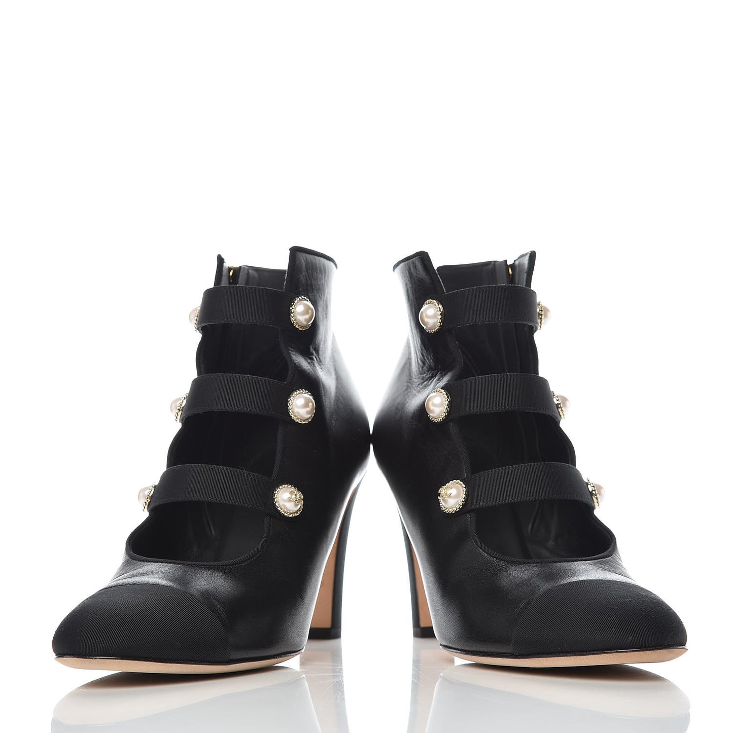 Lambskin Grosgrain Cap Toe Pearl Ankle Boots 40 Black