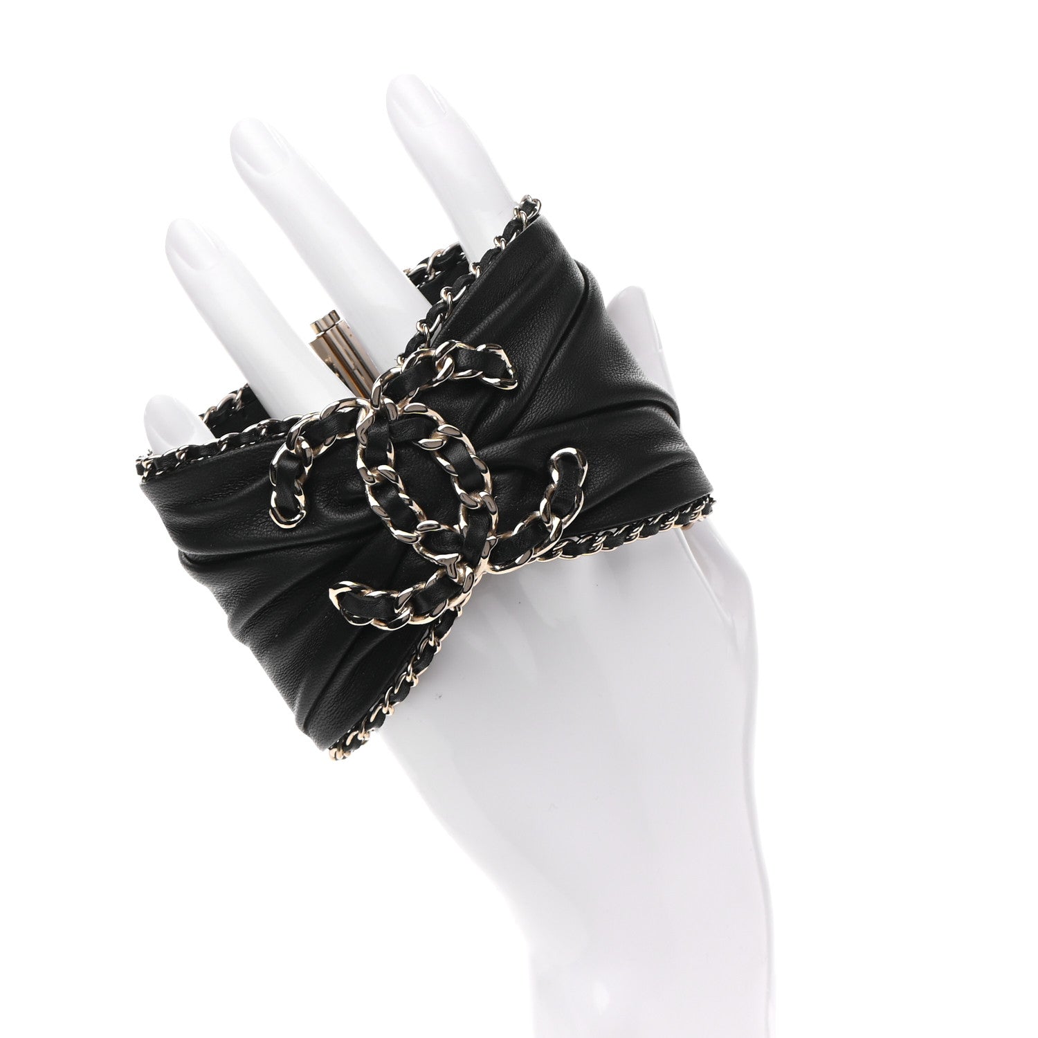 Chanel Lambskin Chain CC Cuff Bracelet Black Gold 2 of 9