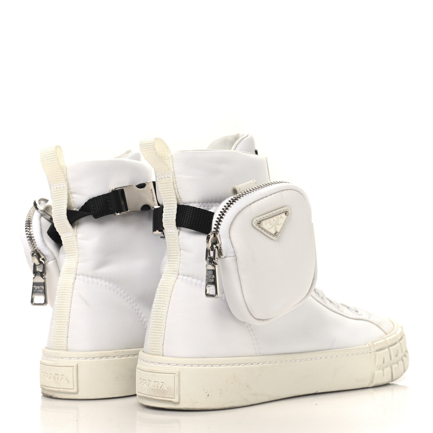 Prada Re-Nylon Gabardine Metal Triangle Logo Wheel Pouch Pocket High Top Sneakers 40.5 White 5 of 10