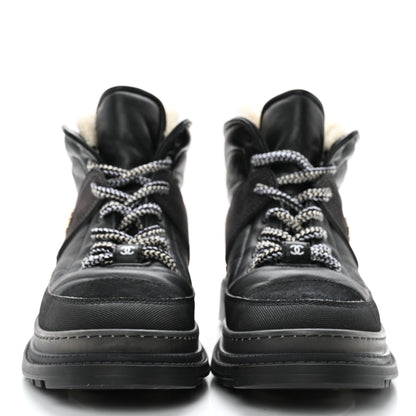 Chanel Lambskin Shearling Suede CC High Lace Up Boots 38 Black 5 of 27