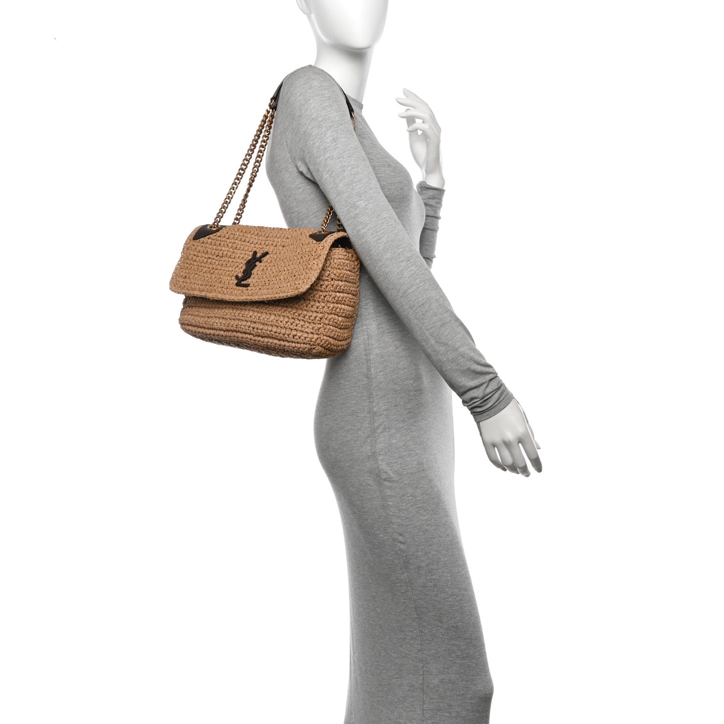 Raffia Calfskin Monogram Medium Niki Chain Satchel Natural