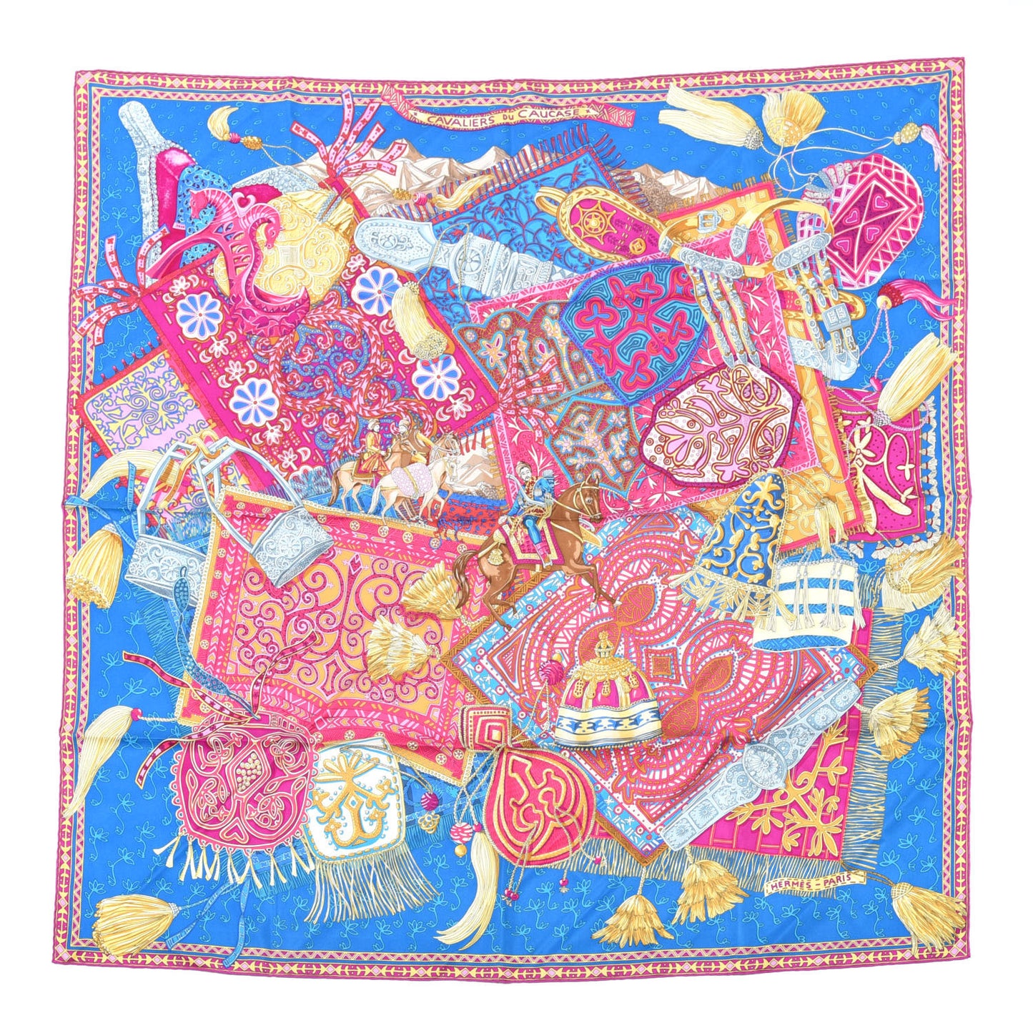 Silk Cavaliers du Caucase Scarf 90 Cobalt Fuchsia Vieil Or