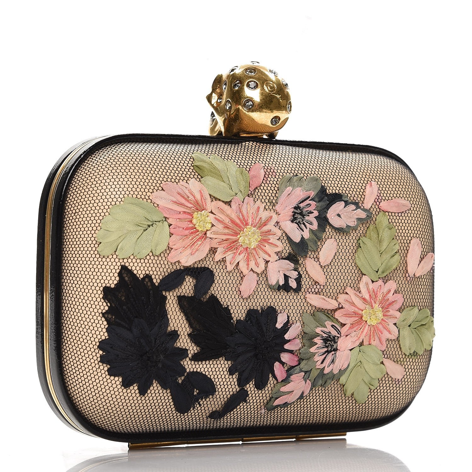 Alexander McQueen Calfskin Lace Embroidered Flower Skull Box Clutch 3 of 10