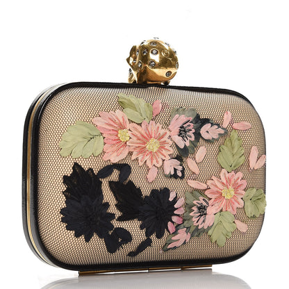 Alexander McQueen Calfskin Lace Embroidered Flower Skull Box Clutch 3 of 10