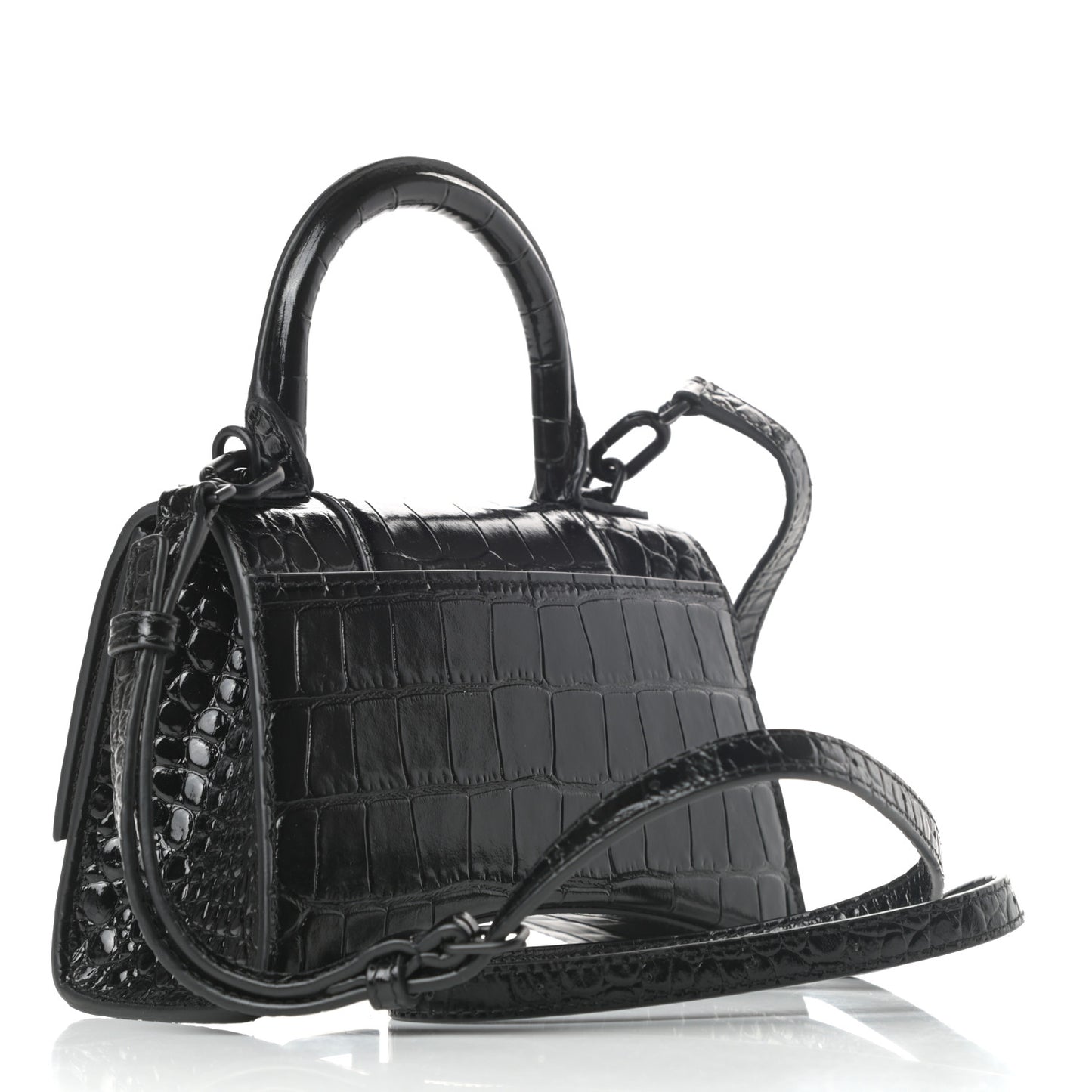 Shiny Calfskin Monochrome Crocodile Embossed Hourglass Top Handle Bag XS Black
