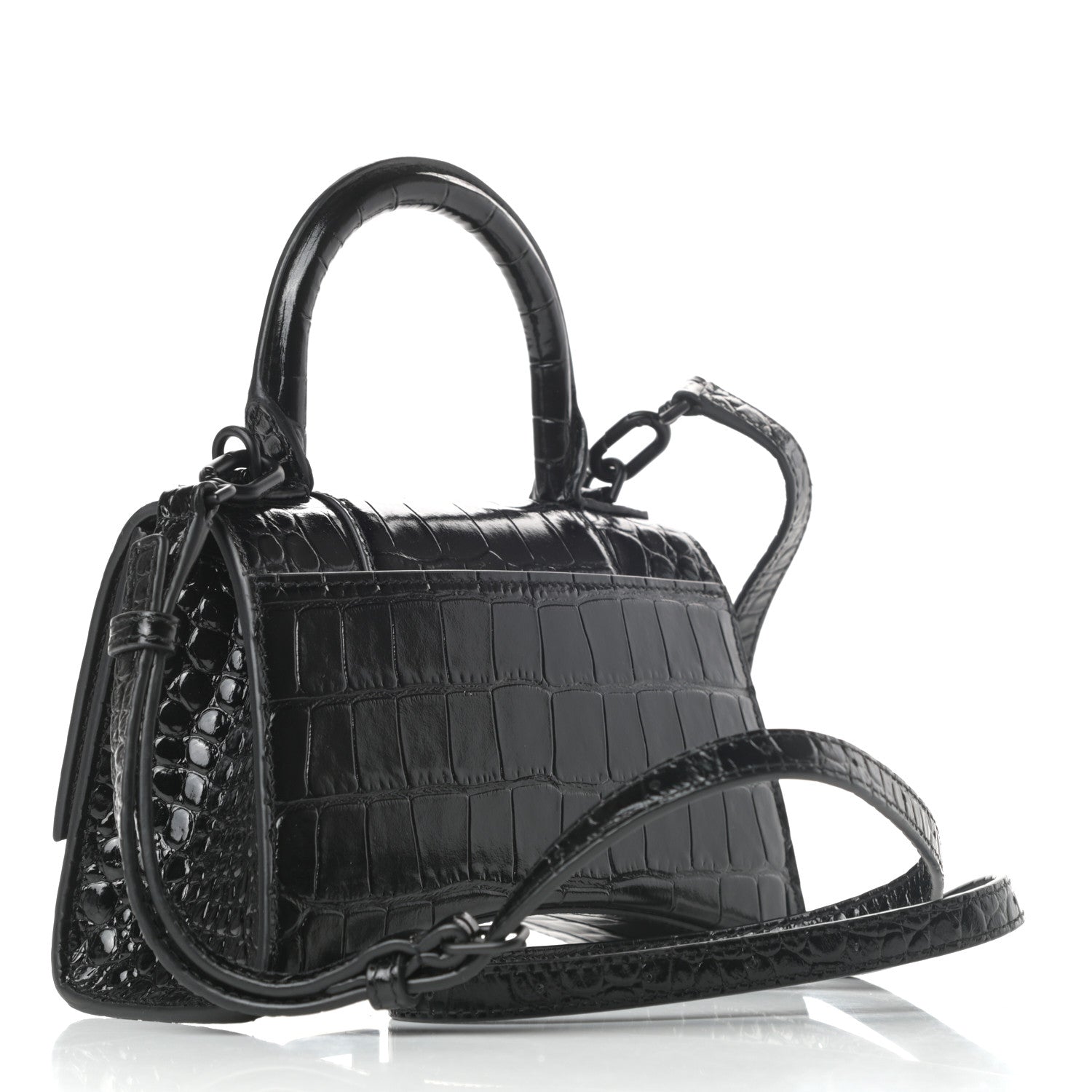 Balenciaga Shiny Calfskin Monochrome Crocodile Embossed Hourglass Top Handle Bag XS Black 3 of 8