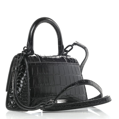 Balenciaga Shiny Calfskin Monochrome Crocodile Embossed Hourglass Top Handle Bag XS Black 3 of 8
